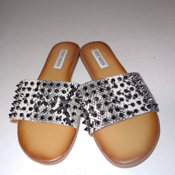 Steve Madden Farryn Leather Open Toe Slide Sandals Snakeskin Size 7.5 Grey - Picture 2 of 5
